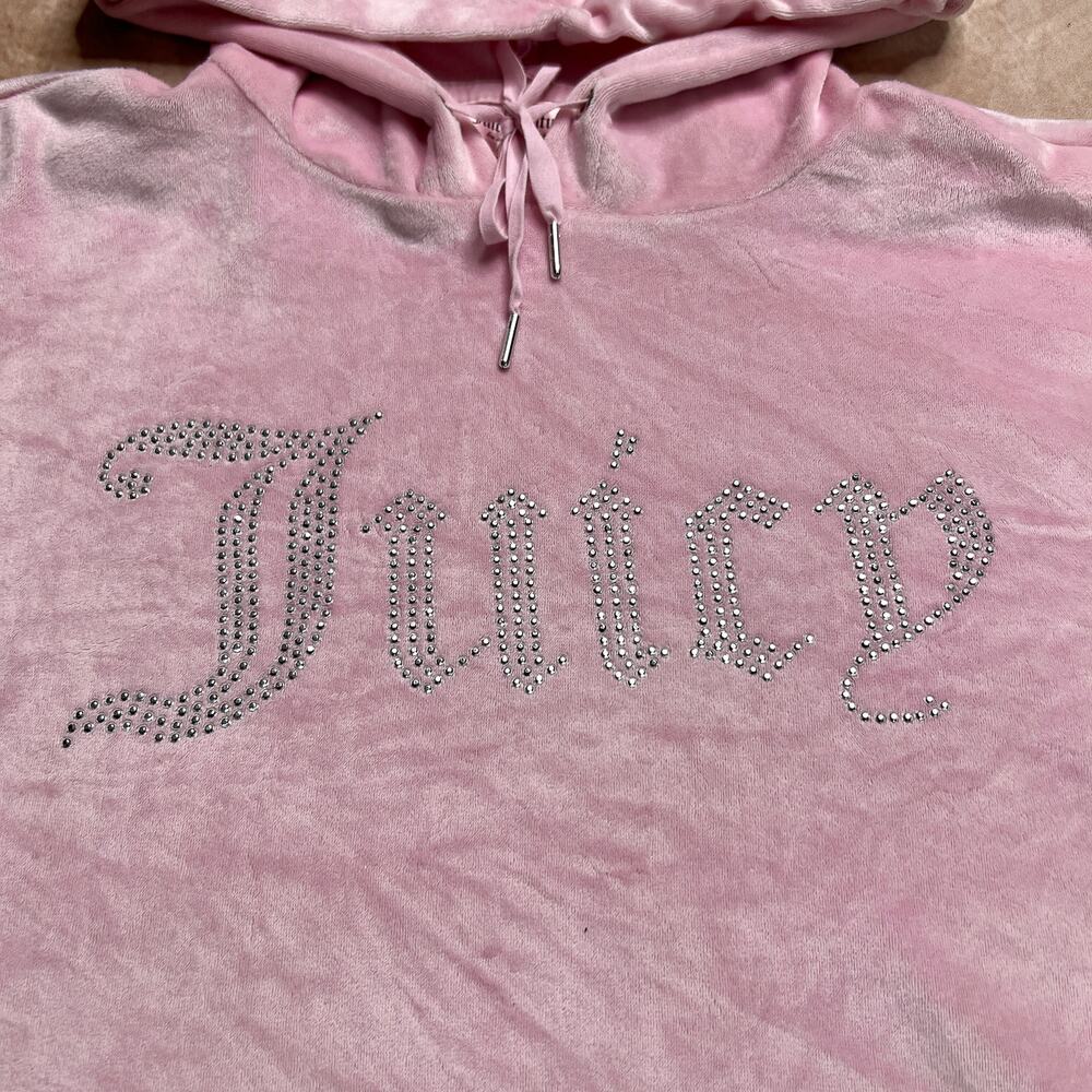 Juicy Couture Pink Velour Cropped Hoodie Top Sweatsuit Rhinestone Bedazzled Y2K - Picture 6 of 7